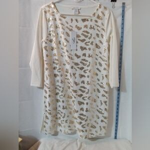 Joan Vass New With Tags White and Gold Sequin Leopard Print Mini Dress Size Med